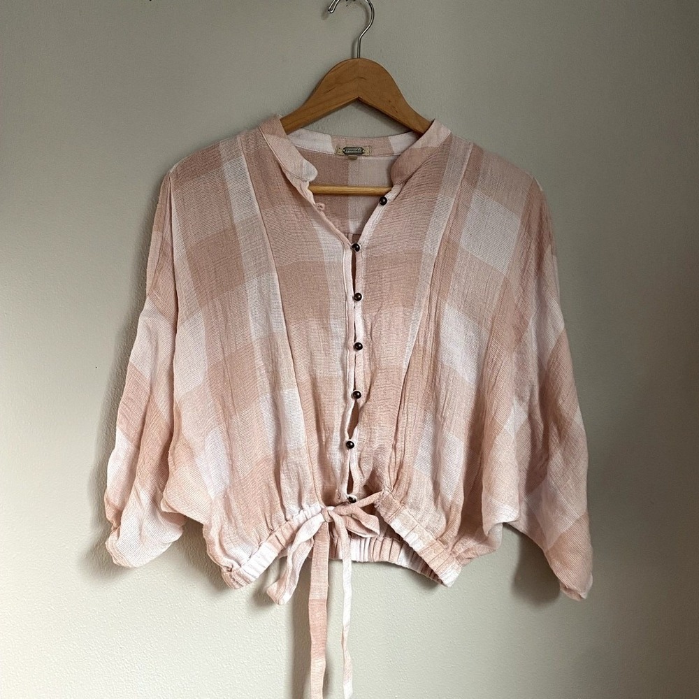 Gimmicks Gingham Plaid Oversized Pink Shirt Crop Small Dainty‎ Feminine Cottage